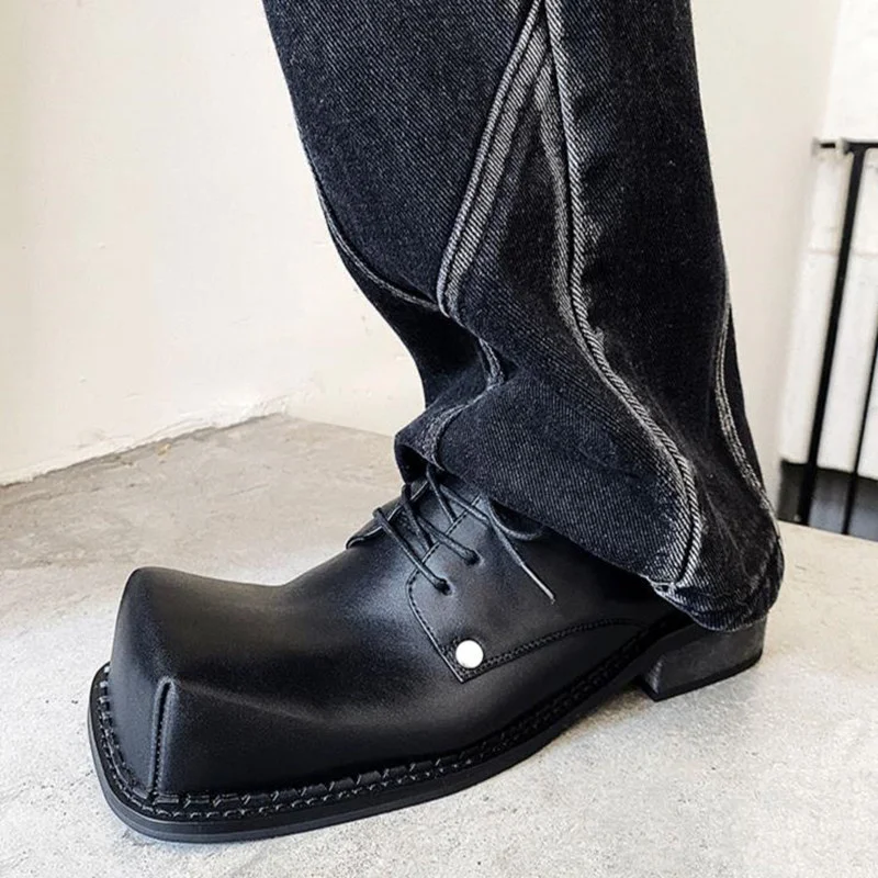 

Male Leather Shoes Men 2023 New Square head Chunky Platform Retro Work Shoes Spring Autumn Derby Shoes Low Top Man Casual Flats