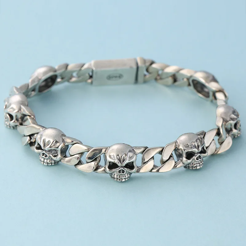 S925 sterling silver jewelry stylish popular skull punk style men riding whip bracelet fashion silver jewelry gift