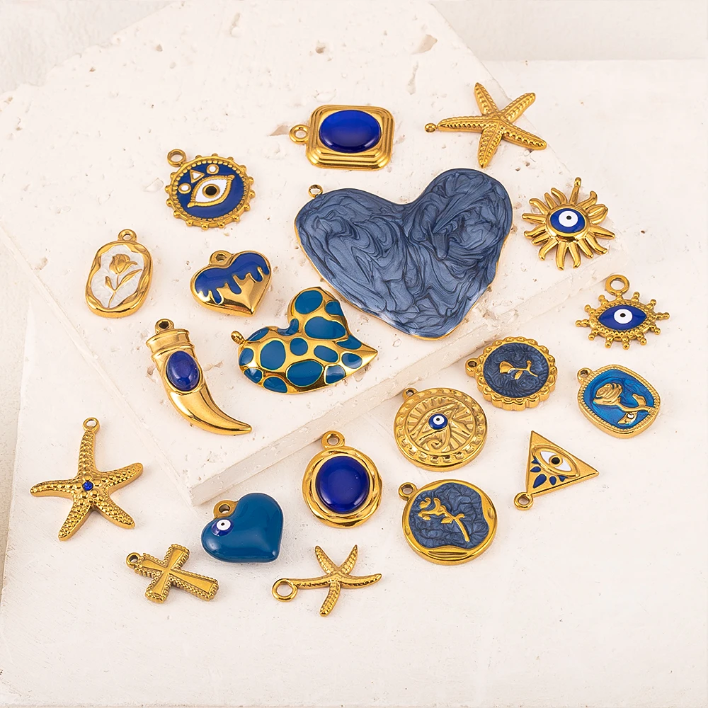 2 Stück Edelstahl Dunkelblau Emaille Retro Charm Böhmen Stil Anhänger für DIY Ohrring Halskette Strand Urlaub Schmuckherstellung – Detail 2
