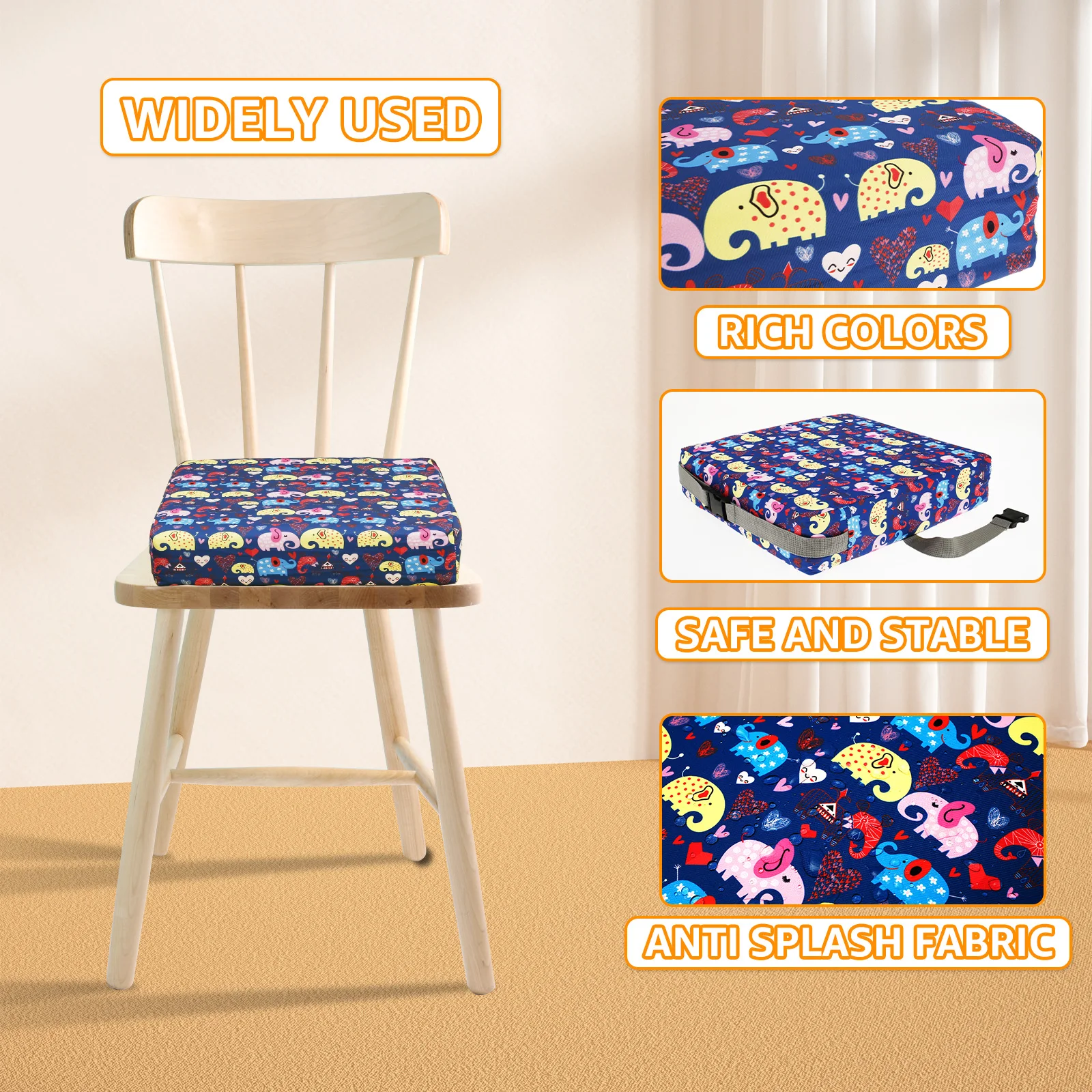 Non Slip Kids Booster Seat Child Dining Table Booster Seat with Adjustable Safety Belt & Fastening Strap Cartoon Booster Cushion