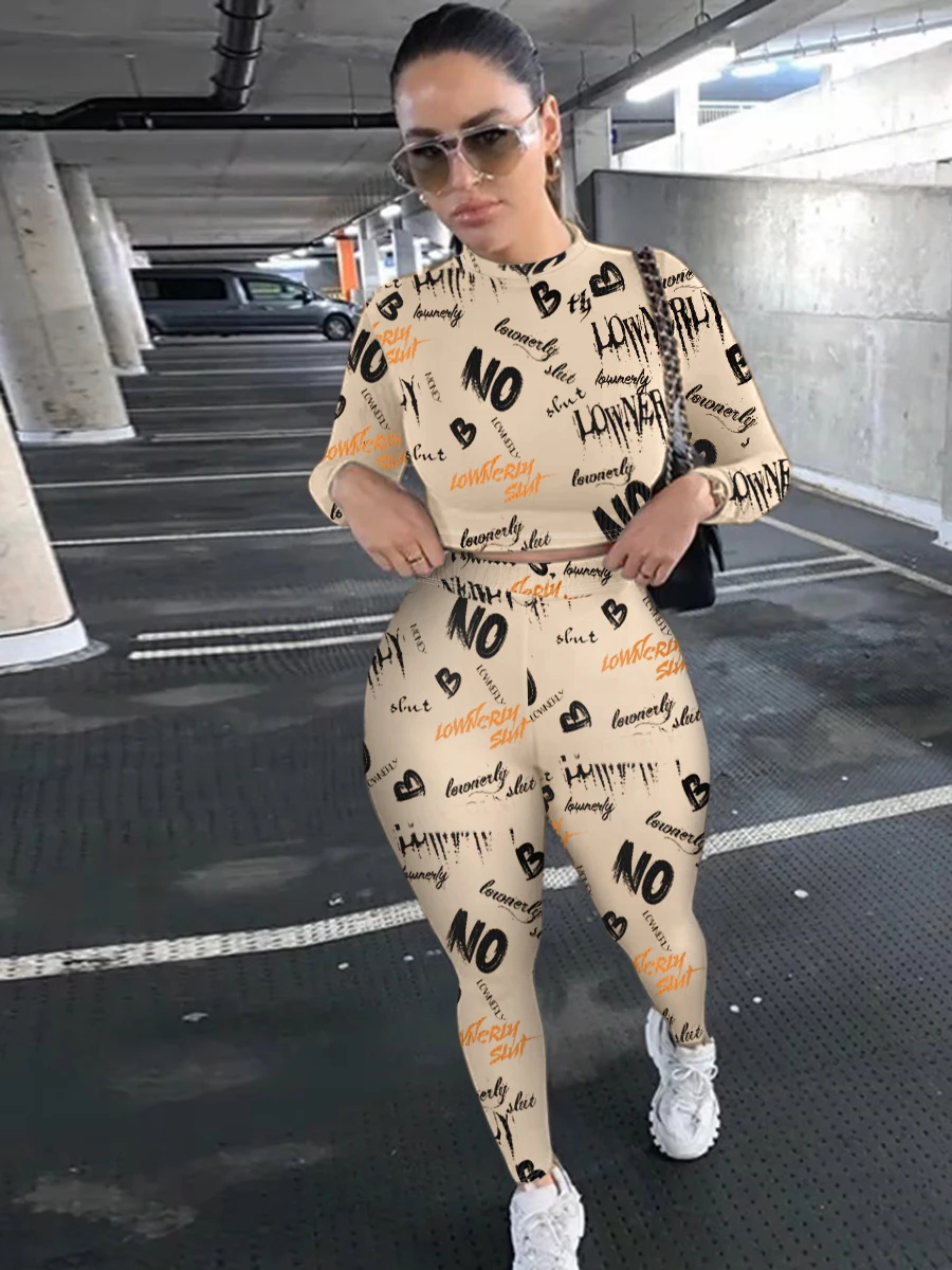 Crop Top Letter Print Skinny Pants Set 2025 Women High Elasticity Round Neck Autumn Winter Two Pieces Matching Suits Outfit