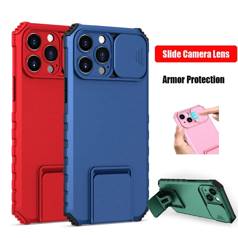 

Luxury Slide Camera Lens Case for Apple Iphone 15 Pro Max Plus 14 Pro Max 13 Pro Max Kickstand Shockproof Cover