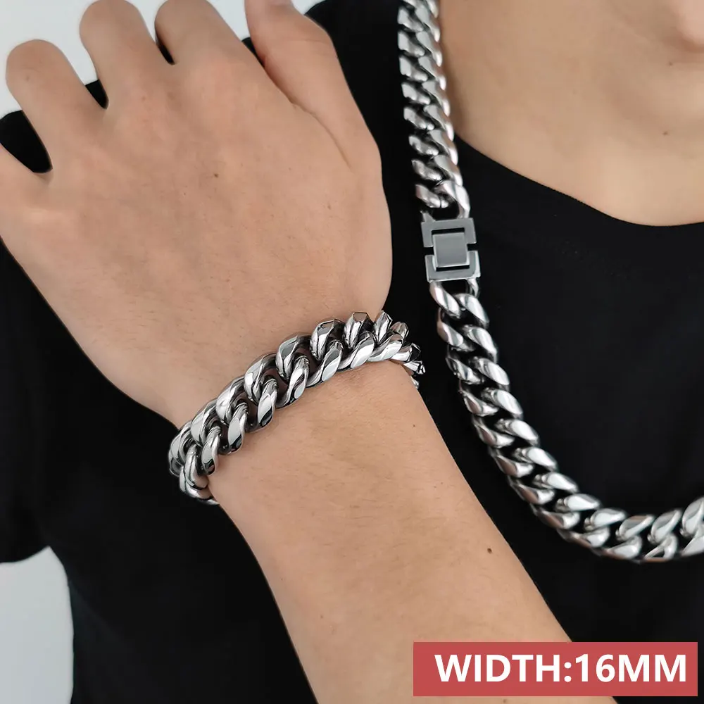 15mm Wide Silver Stainless Steel Cuban Link Bracelet - Men's Rombo Chain Jewelry - View #3