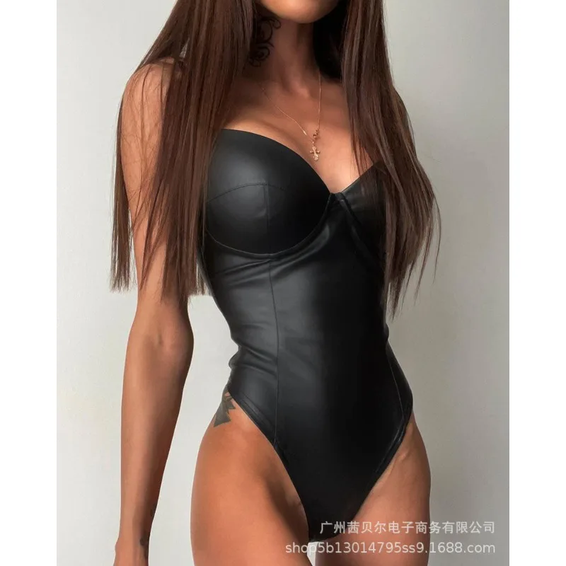 

Independent Design Popular 2024 Autumn New Arrivals Women's Clothing Solid Color Pu Tight Sexy Sleeveless Jumpsuit