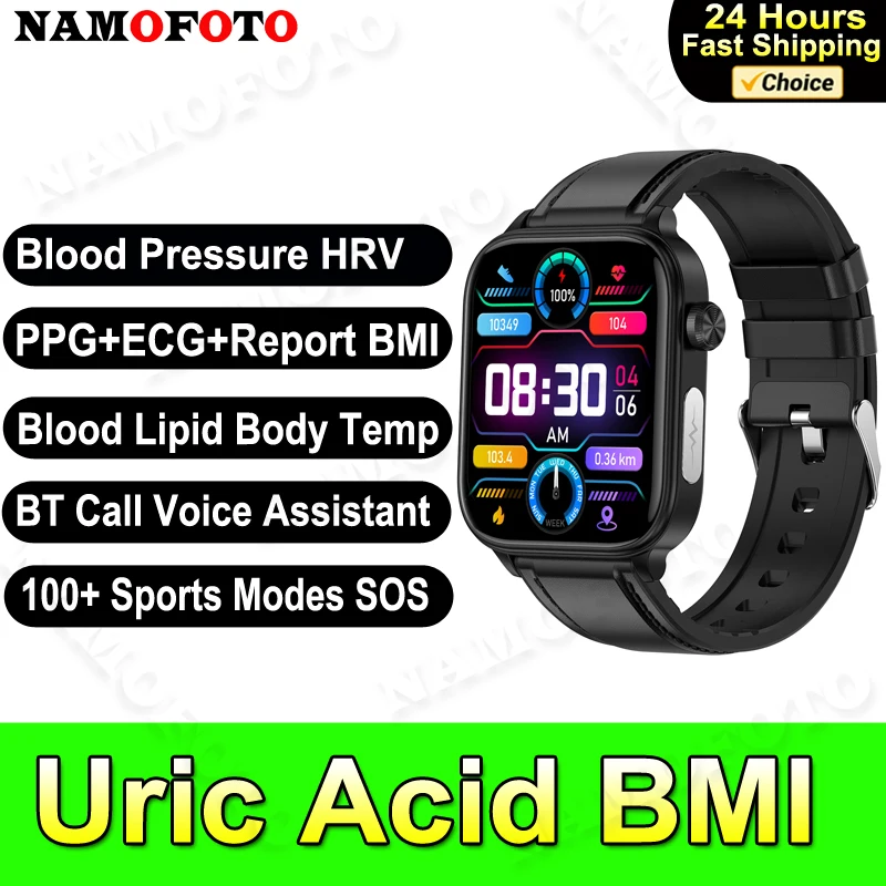 

2024 New Uric Acid Smart Watch 1.96'' Blood Lipid Wristwatch Pressure Oxygen HRV BMI Bluetooth Call Men Women Sports Smartwatch