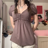 Xingqing Vintage esthétique femmes t-shirt élégant dames à manches courtes col en V hauts à volants été Lolita Kawaii Grunge vêtements 2