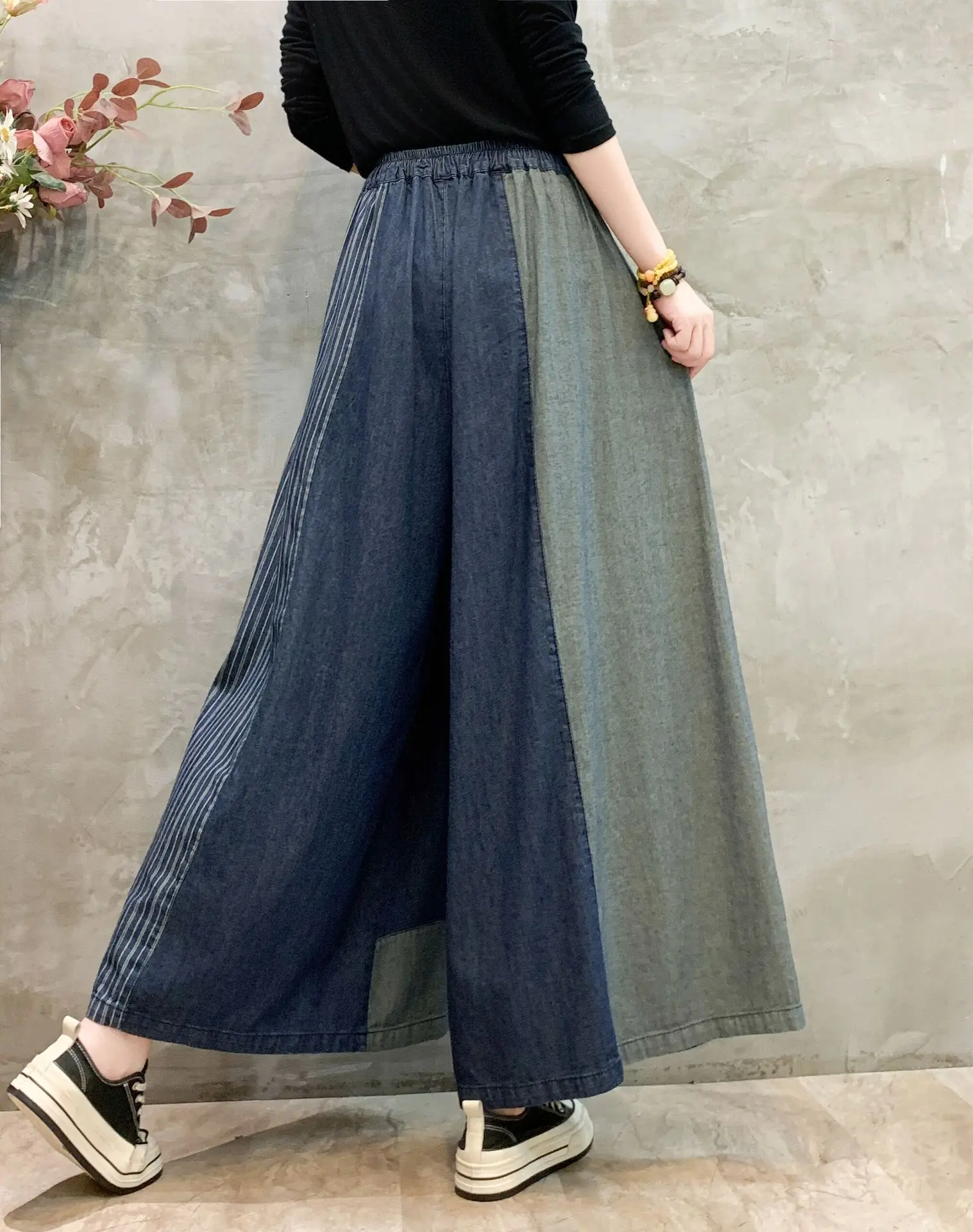 [EWQ] Patchwork Drawstring Jeans Pants For Women Streetwear High Waist Contrast Wide Leg Trousers Spring 2024 Autumn New Y6664