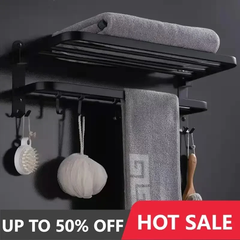 

Matte Black Towel Rack 40-60CM Movable Holder With Hook Wall Mount Shelf Aluminum Shower Bar Hanger Rail Bathroom Accessories