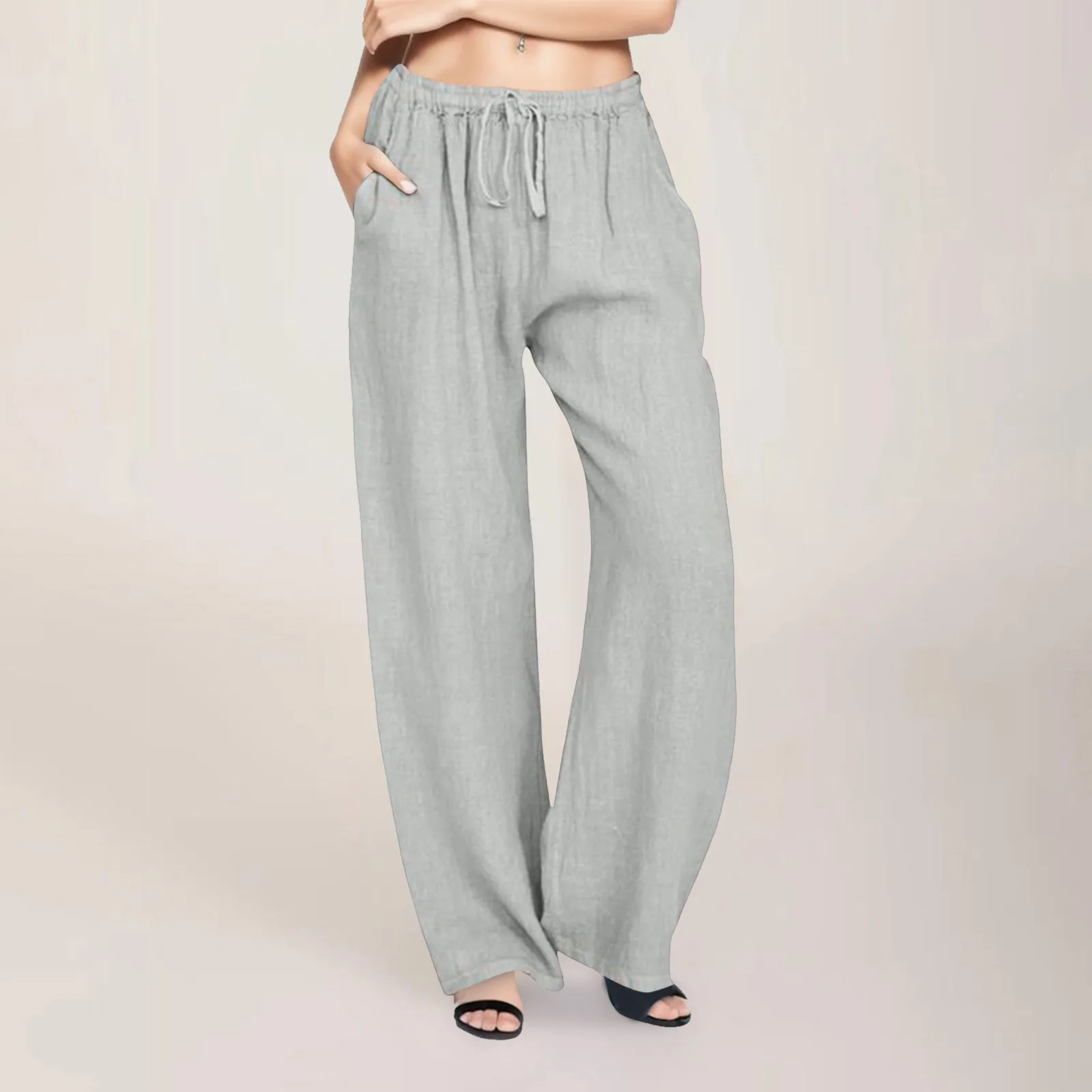 

Ladies Low Waist Straight Ankle-Length Pants Drawstring Slight Strech Solid Color Female Trousers Casual Basics Women Pants