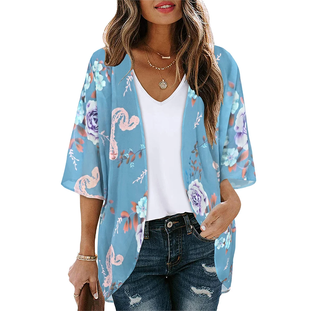 Women Summer Bohemian Casual Cloak Cardigan for Swimsuit woman Beach Swimwear Tops Short Sleeved Shawl Chiffon Shirt swimsuit cover up swimsuit coverup fishnet cover up chiffon cardigan top