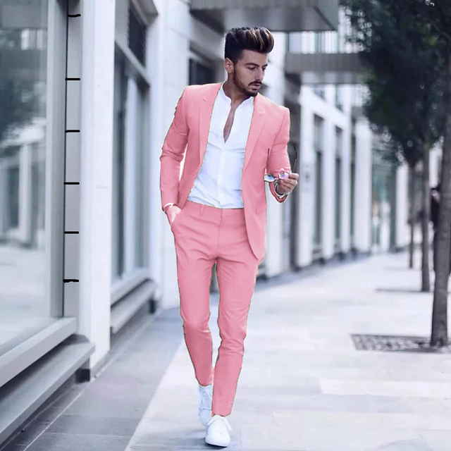 Casual Business Men Suits for Wedding 2 Pieces Suits Man Groom Tuxedos Slim Fit Peak Lapel Terno Masculino Costume Homme - Pink, 5XL