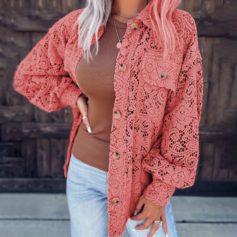

Ardm Casual Button-Up Hollow Out Lace Jackets For Women 2022 Long Sleeve Tops New In Outerwears Vintage Coats