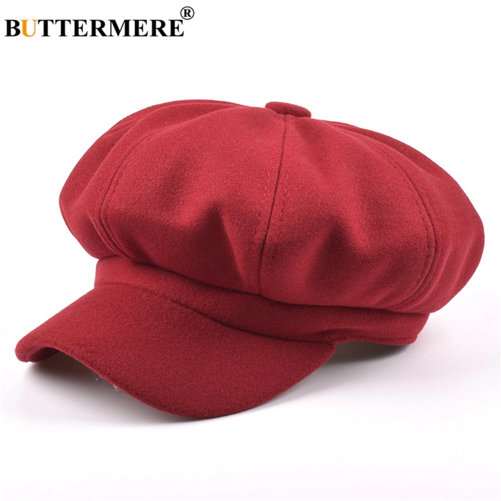 BUTTERMERE Wool Newsboy Cap Red Hats for Women Solid Ladies Baker Boy Hat Female Beret Brand Autumn Winter Vintage Octagonal Cap
