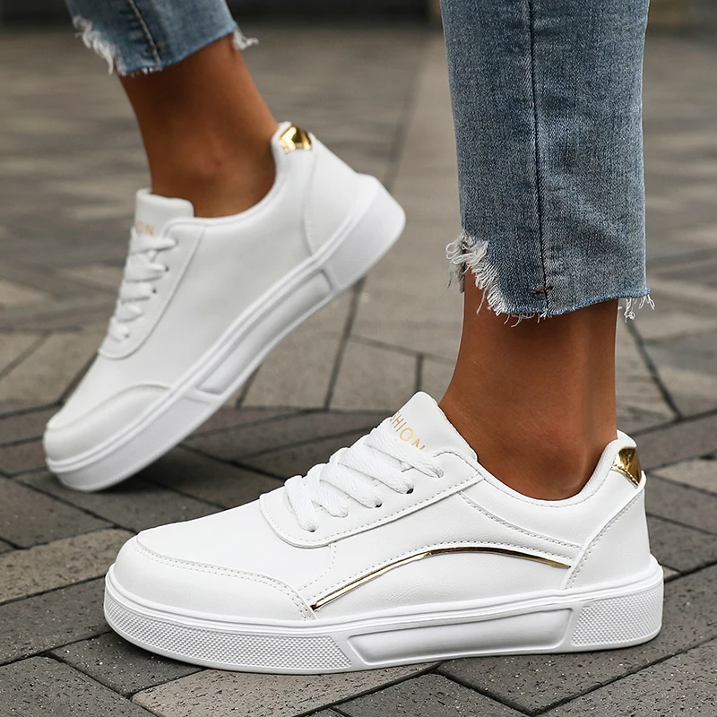 Fashion White Skate Shoes for Women Sleek Silver Detailing Durable Leather Cushioned Women Shoes Lightweight Feel Easy To Clean