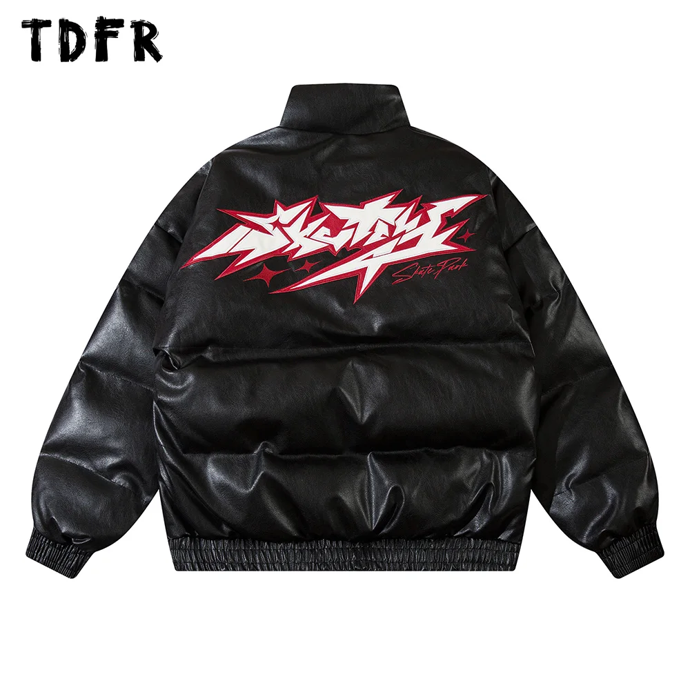 

Letter Embroidery PU Leather Padded Jacket Mens Casual Winter Warm Streetwear Long Sleeve Stand Collar Bread Jacket Men