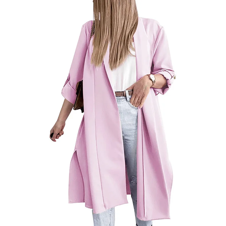 Autumn and Winter New Style Women's Cardigan 3/4 Sleeve Lapel Front Split Long Coat Windbreaker Women Female Fashion Coats Lady