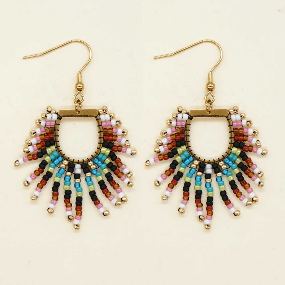 

Stainless Steel Gold Plated Hook Drop Earrings Miyuki Beads Metal Accessory Boho Tassel Selvage Hypoallergenic Dangle Earrings