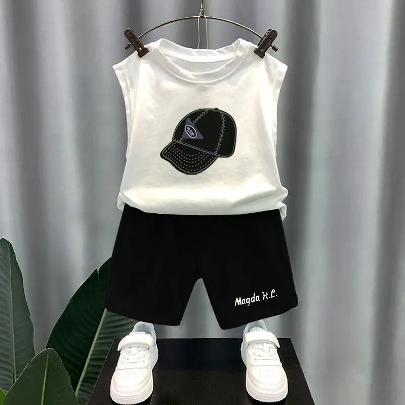Casual Sleeveless 2024 Summer New Boys Pullovers Crew Neck Cartoon Printed Fashion High Street Loose Elastic Shorts Letter Sets