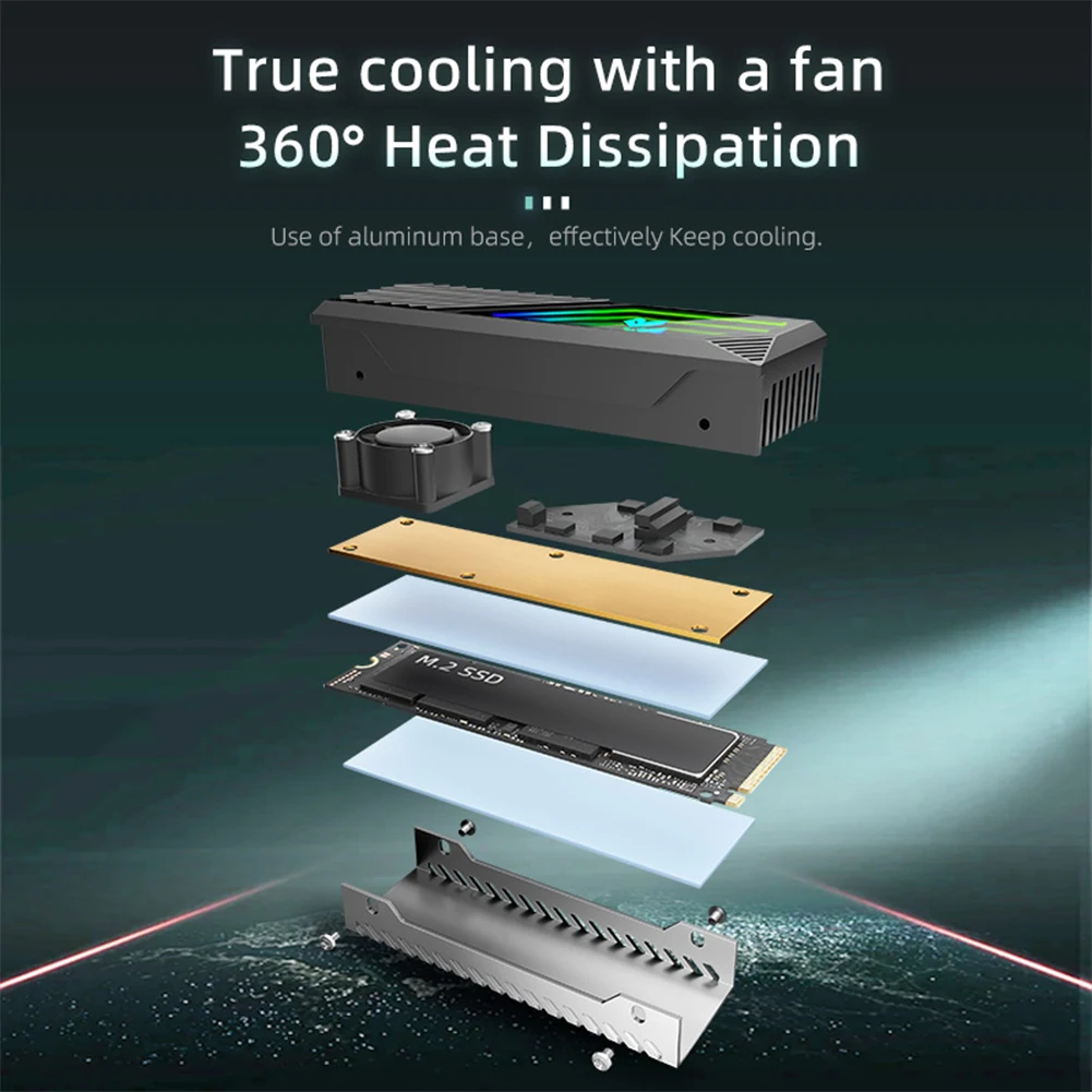 M.2 2280 SSD Heatsink Heat Sink Cooler with Thermal Silicone Pad 5V 3 Pin ARGB SSD Cooler Built-in Fan M.2 Radiator for M.2 2280