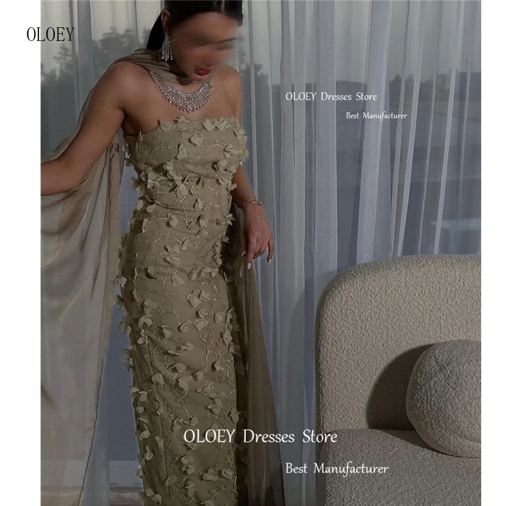 

OLOEY Elegant Lace Flowers Long Evening Dresses Saudi Arabic Women Strapless Floor Length Prom Gowns Formal Occasion Dress