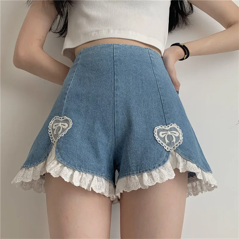 Women Sweet Kawaii Shorts Harajuku Cute Lace Ruffles Denim Short Pants Japanese E Girls Sexy Punk High Waist Shorts 2021 New