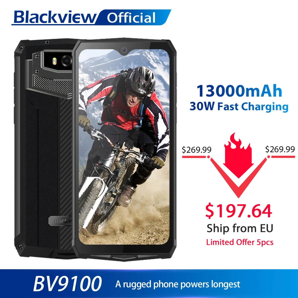 Blackview BV9100 IP68 Waterproof Cellphone 13000mAH 30W Fast Charging 4G Mobile Phone MTK6765 4GB+64GB 16.0MP Rugged Smartphone