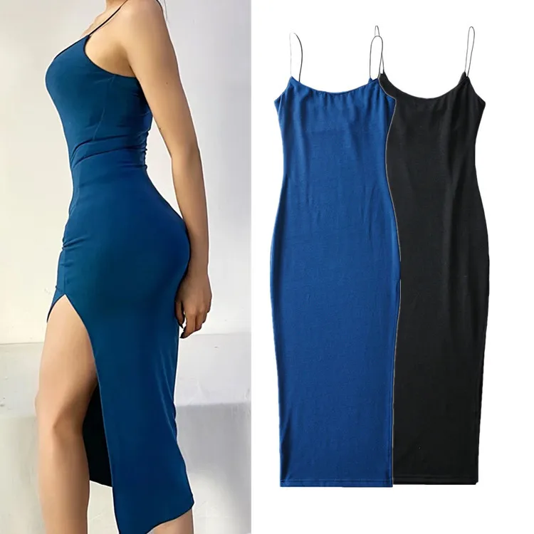 

Woman Fashion Casual Dress Spring Summer 2022 Elegant Stretch Slim Side Slit Long Dresses Sexy Solid Color Loose Midi Dress