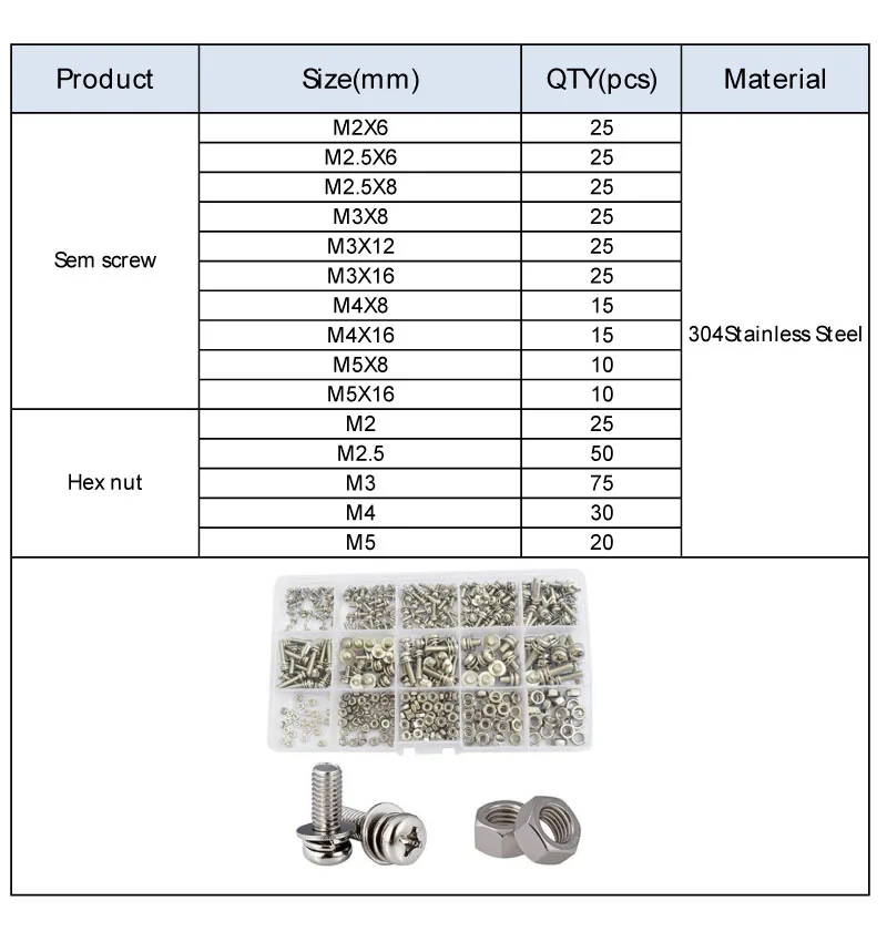 400pcs M2 M2.5 M3 M4 M5 나사 필립스 팬 헤드 나사 볼트 및 너트 플랫 와셔 기계 나사 세트 스테인레스 스틸 나사
