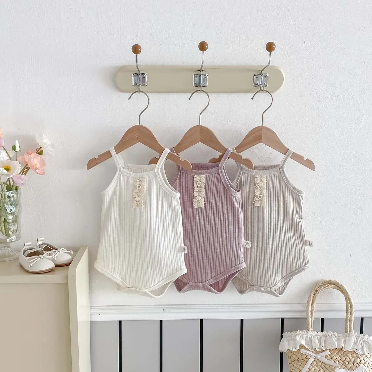 Summer Korean Style Baby Lace Trim Romper Girl Simple Strap Bodysuit Cotton Pantsuit for Baby Girl Infant Clothing
