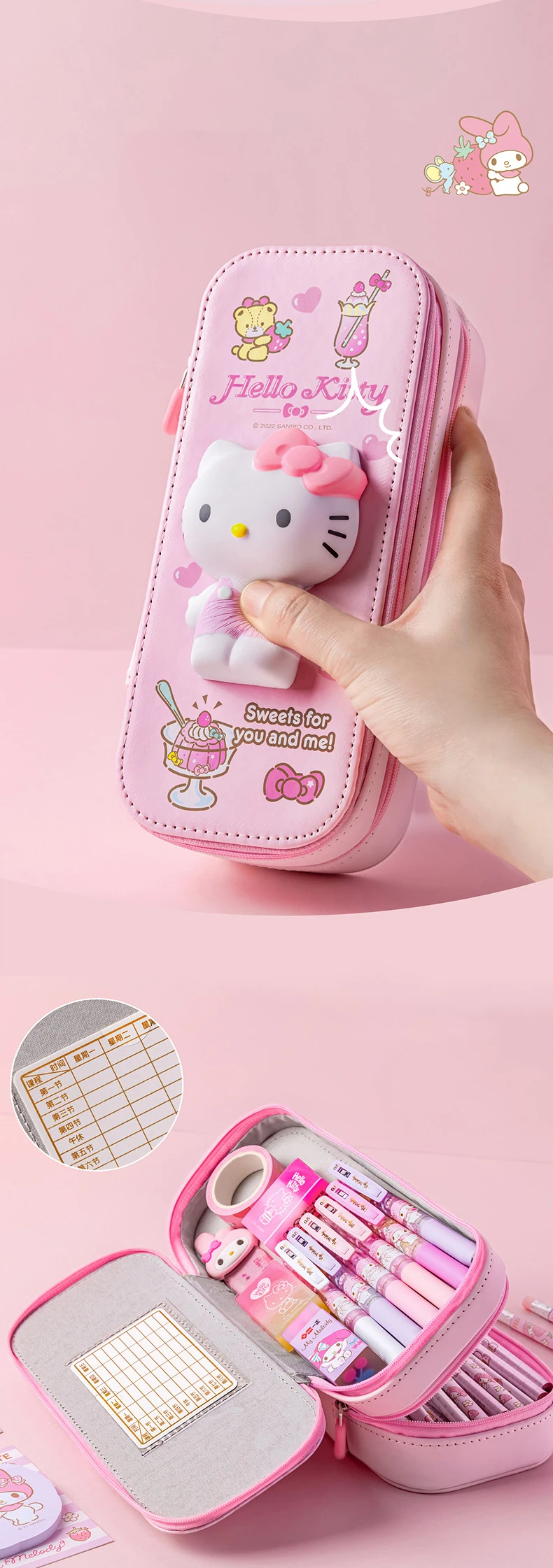 Sanrio PU Large Capacity Pencil Case Kawaii HelloKitty Cinnamoroll Melody School Pencils Bag Pouch Pen Case Supplies Stationery