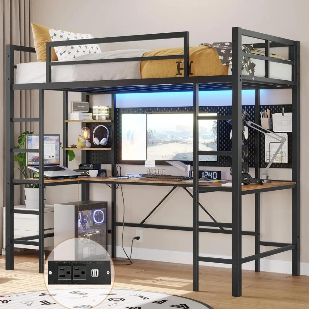 Twin Size Loft Bed with U Shaped Desk LED Loft Metal Bed Frame with and Led Lights Twin  Charging Station and Storage Shelves 2