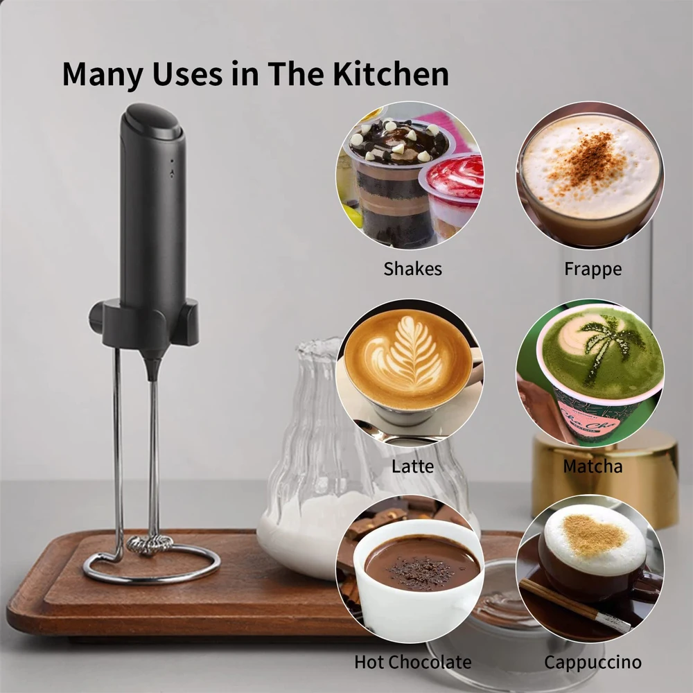  Electric Milk Frother Handheld with Wall Mount Charger  Stainless Steel Stand Rechargeable Foam Maker, Electric Portable Whisk  Drink Mixer Mini Foamer for Coffee Latte, Cappuccino, Frappe, Matcha: Home  & Kitchen