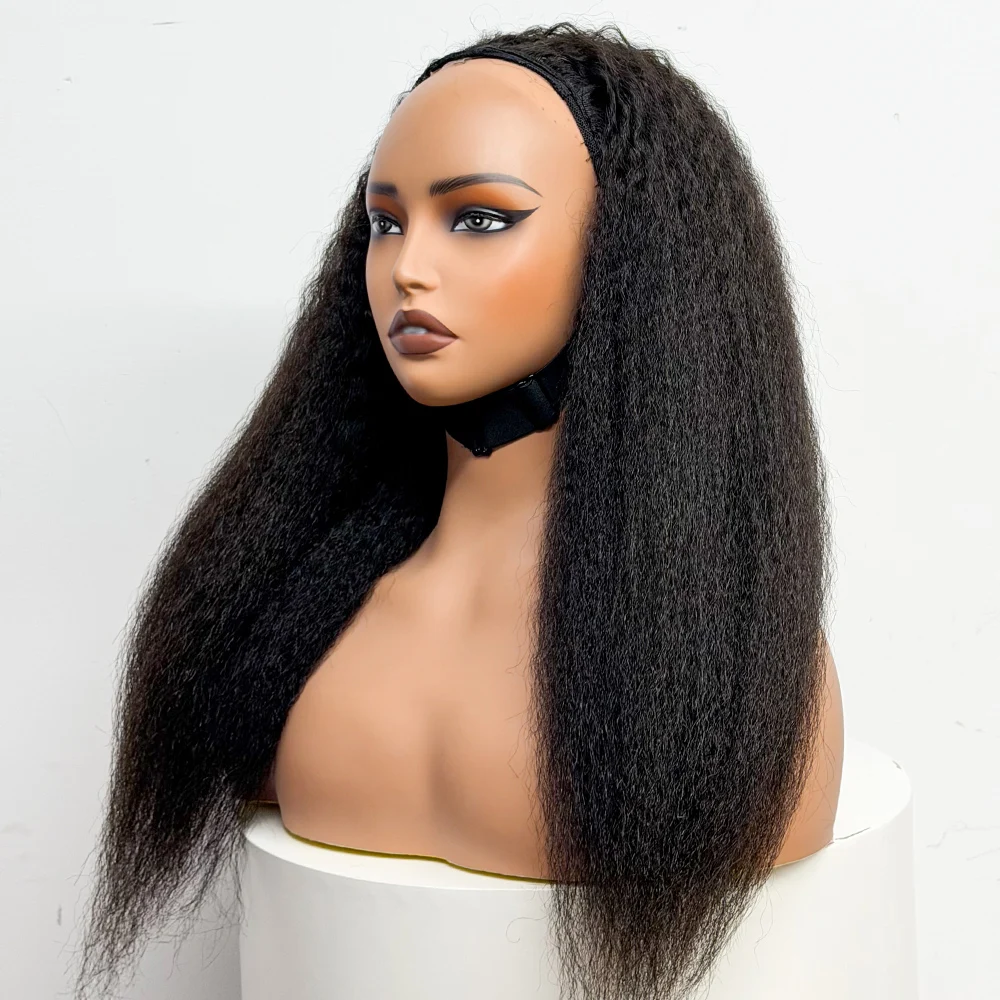 Half Wig Human Hair Kinky Straight Glueless Wig 250% Density Human Hair Yaki Drawstring Half Clip In Wigs 12A Wigs For Women