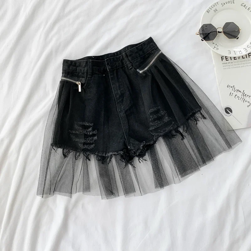 Women Patchwork High Waist Slim Denim Shorts Summer Sexy Hole Solid Jeans Shorts Ladies All-Match Bottom with Mesh Feminino Chic
