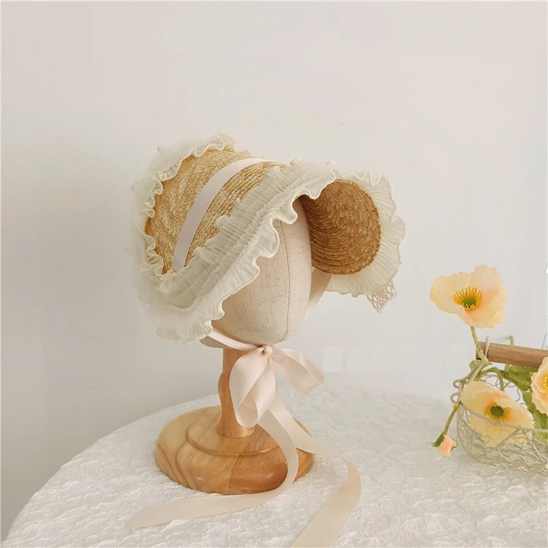

French Lolita Style Infant Baby Child Girl Sun Hat Wheat Straw Handmade Weave Fashion Accessories Princess Beach Cap Kids Summer