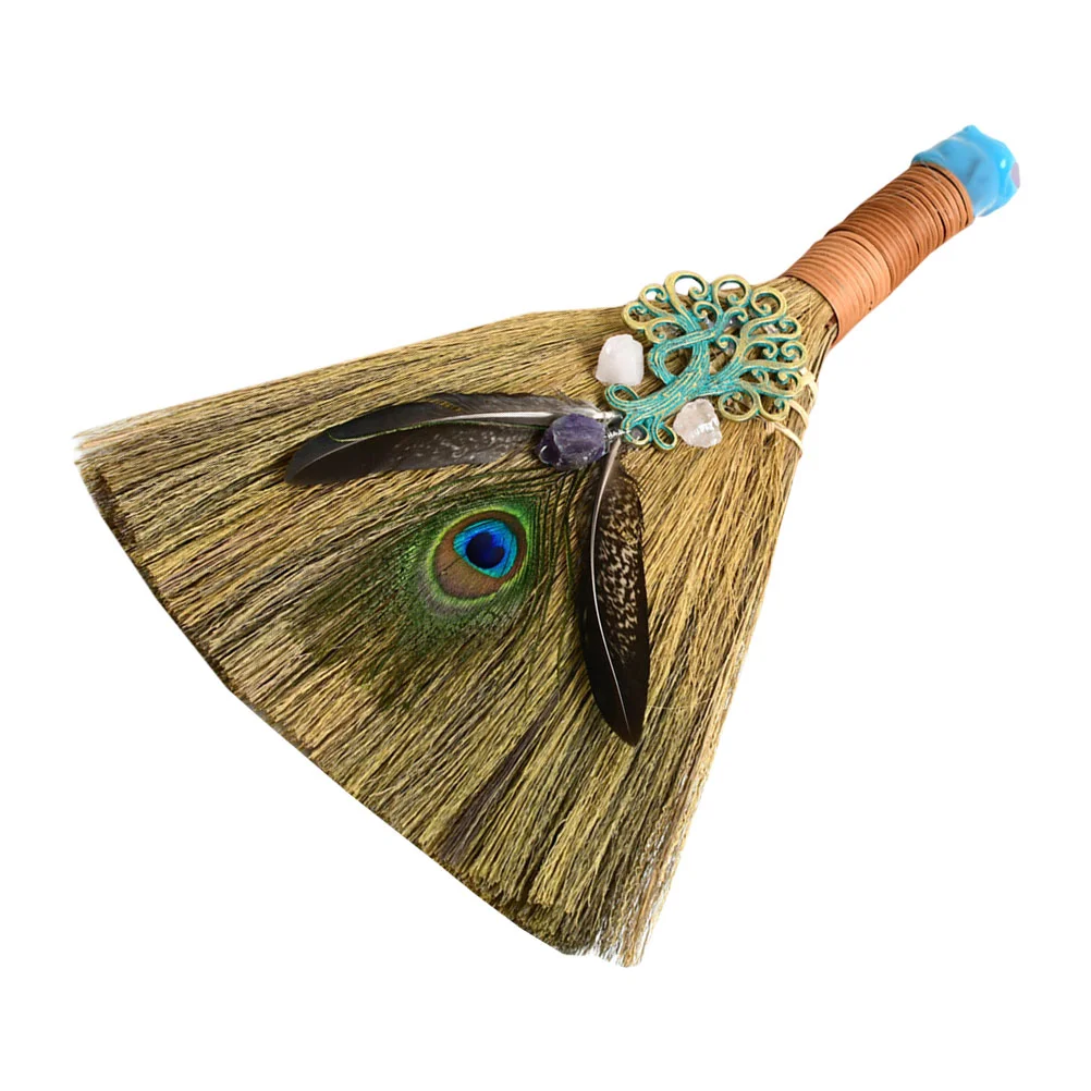 

Witch Broom for Girls Crystal Car Pendant Miscanthus Witches Broomsticks Wicca Altar Metal Wand Points