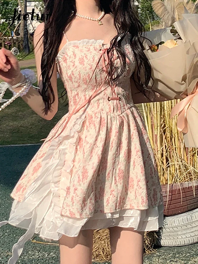 

Sweet Fairy Floral Short Party Dress Women Beach Style Kawaii Clothing Lolita Y2k Mini Strap Dress Elegant Summer Korean