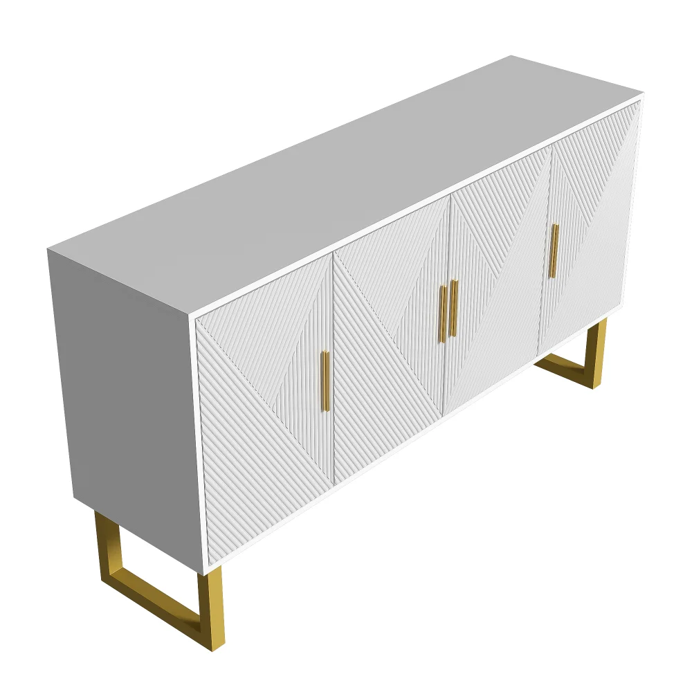 150 cm großes luxuriöses weißes Sideboard mit hochglänzenden strukturierten Türen und goldenen Griffen, 4-türiges Design, höhenverstellbare Regale – Detail 17