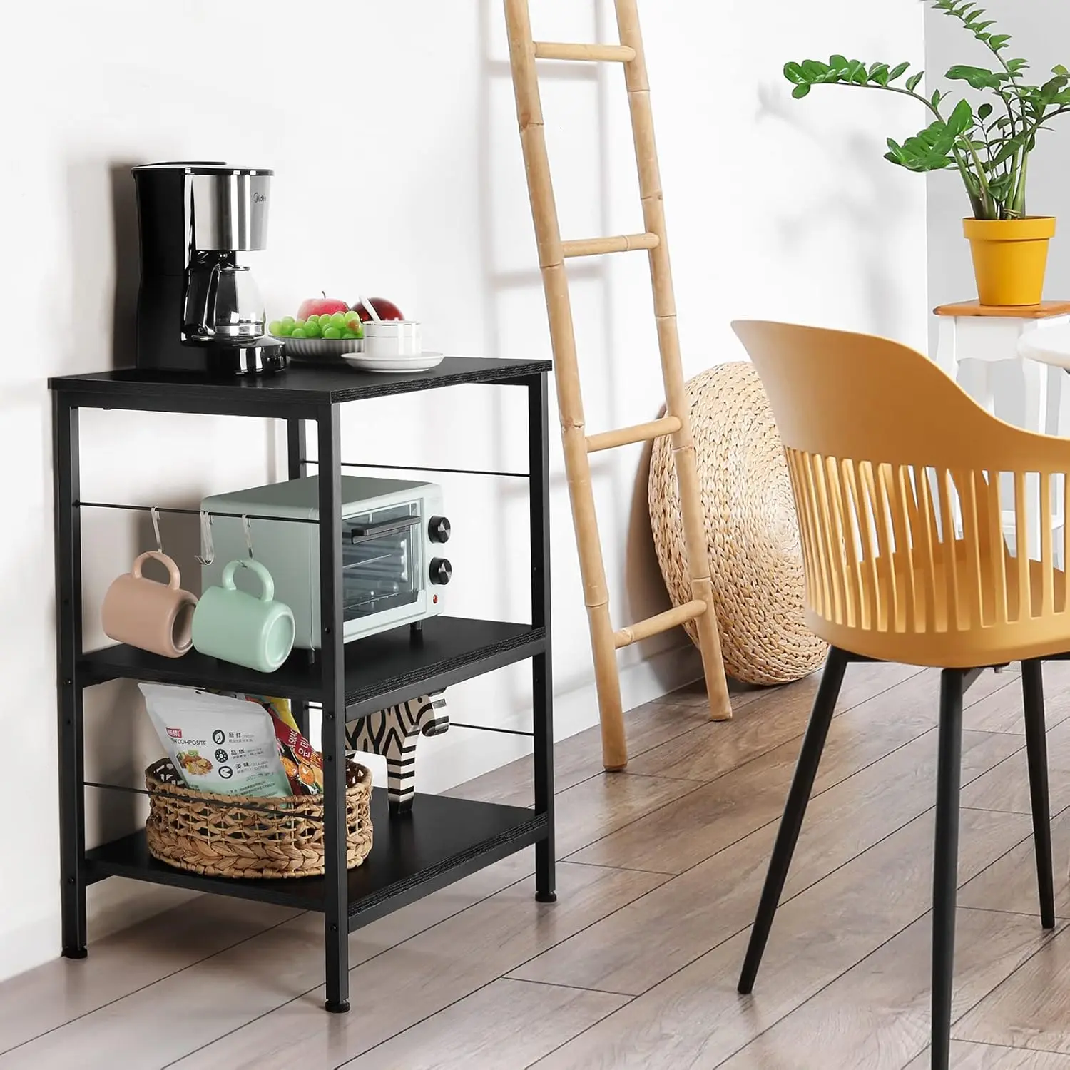 Microwave oven rack, 3-layer kitchen cart with small pastry rack stored on wheels and 10 hooks, coffee bar cart 5