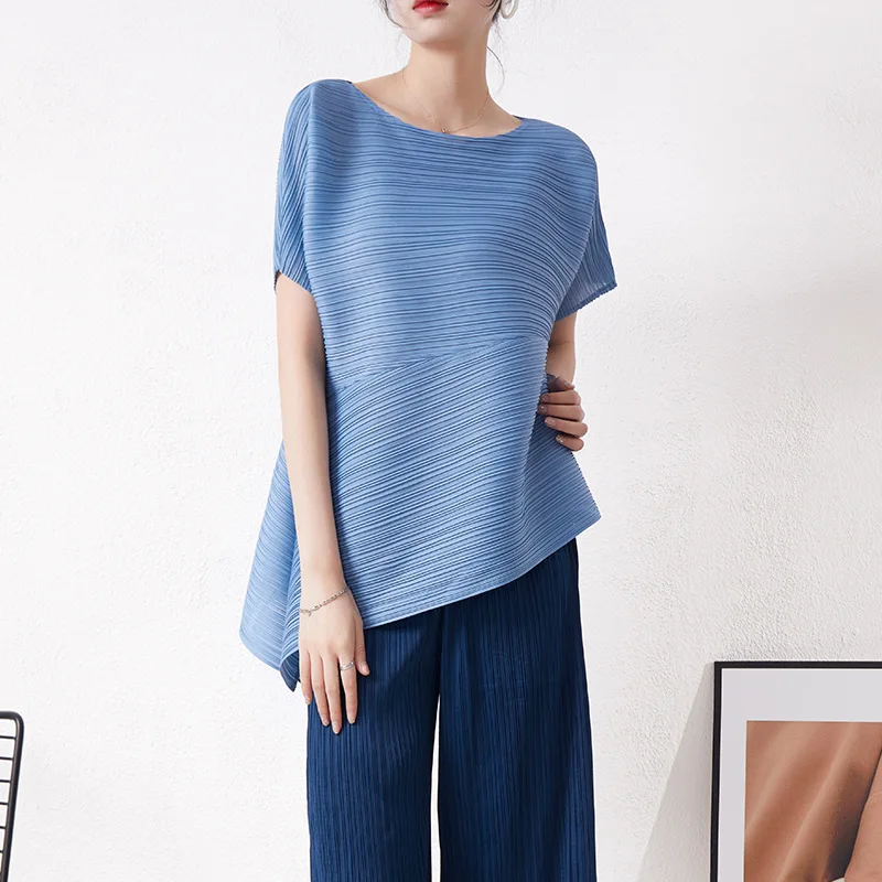 

Miyake pleated fashion top design sense female niche summer asymmetric loose round neck t-shirt short sleeve