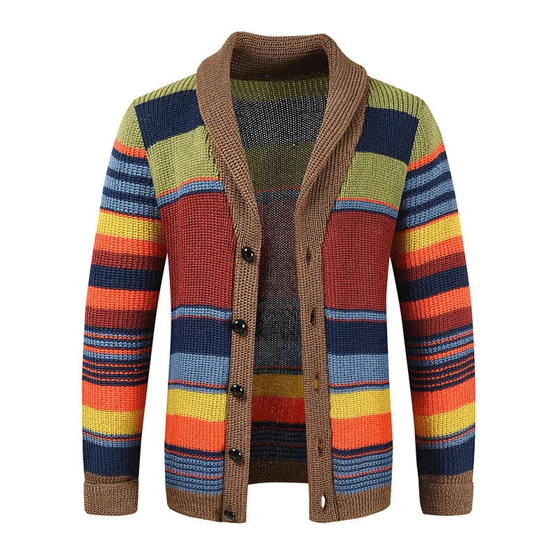 

New Men's Sweater Coat Knit Cardigan Autumn / Winter Lapel Colored Striped Sweater Knit Cardigan High Quality Men's Sweater Coat