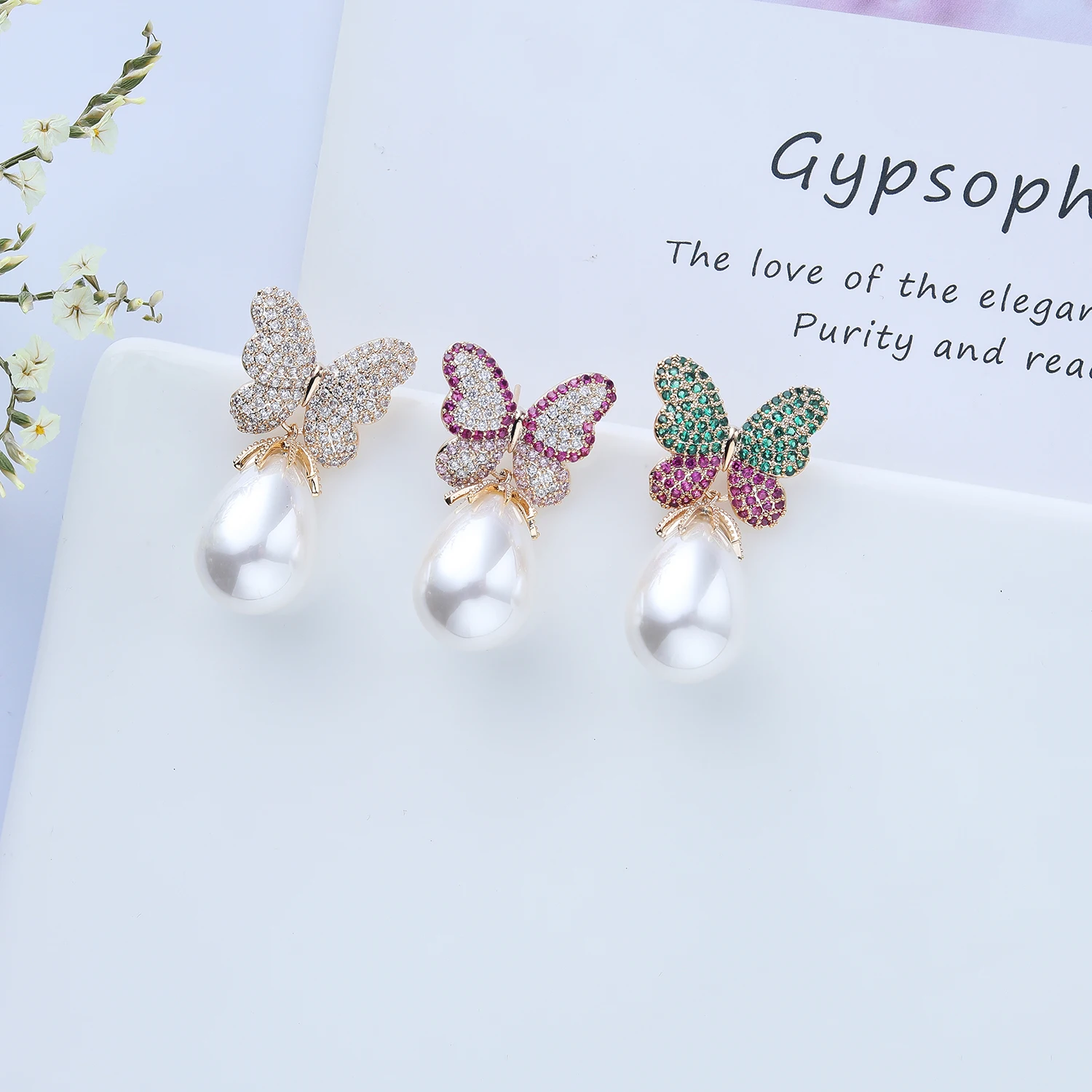 Pearl Cubic Zircon Butterfly Earrings for Wedding, Crystals Wing Earring for Bride, Women Girl Gift CE10840