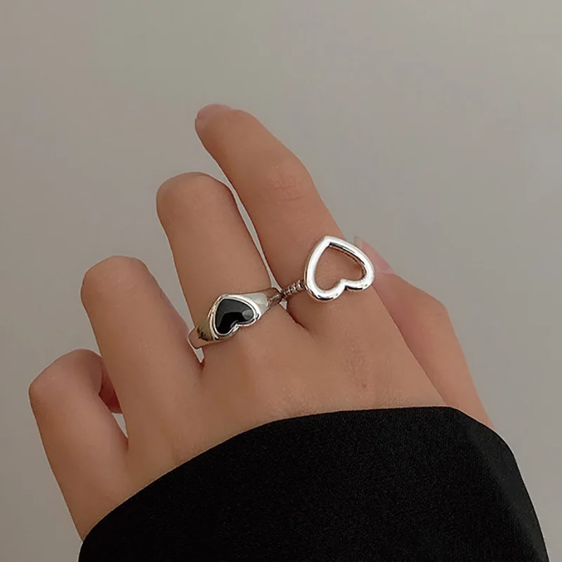 Creative Black Love Dripping Oil Finger Rings for Women Simple Retro Hollow Heart Opening Joint Ring Party Wedding Jewelry |