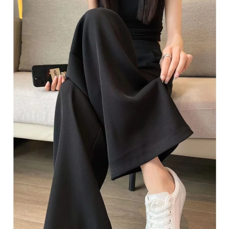 Women Summer Korean New Ice Silk High Waist Elastic Pants Fashion Temperament Pocket Solid Color Large Versatile Wide Leg Pants