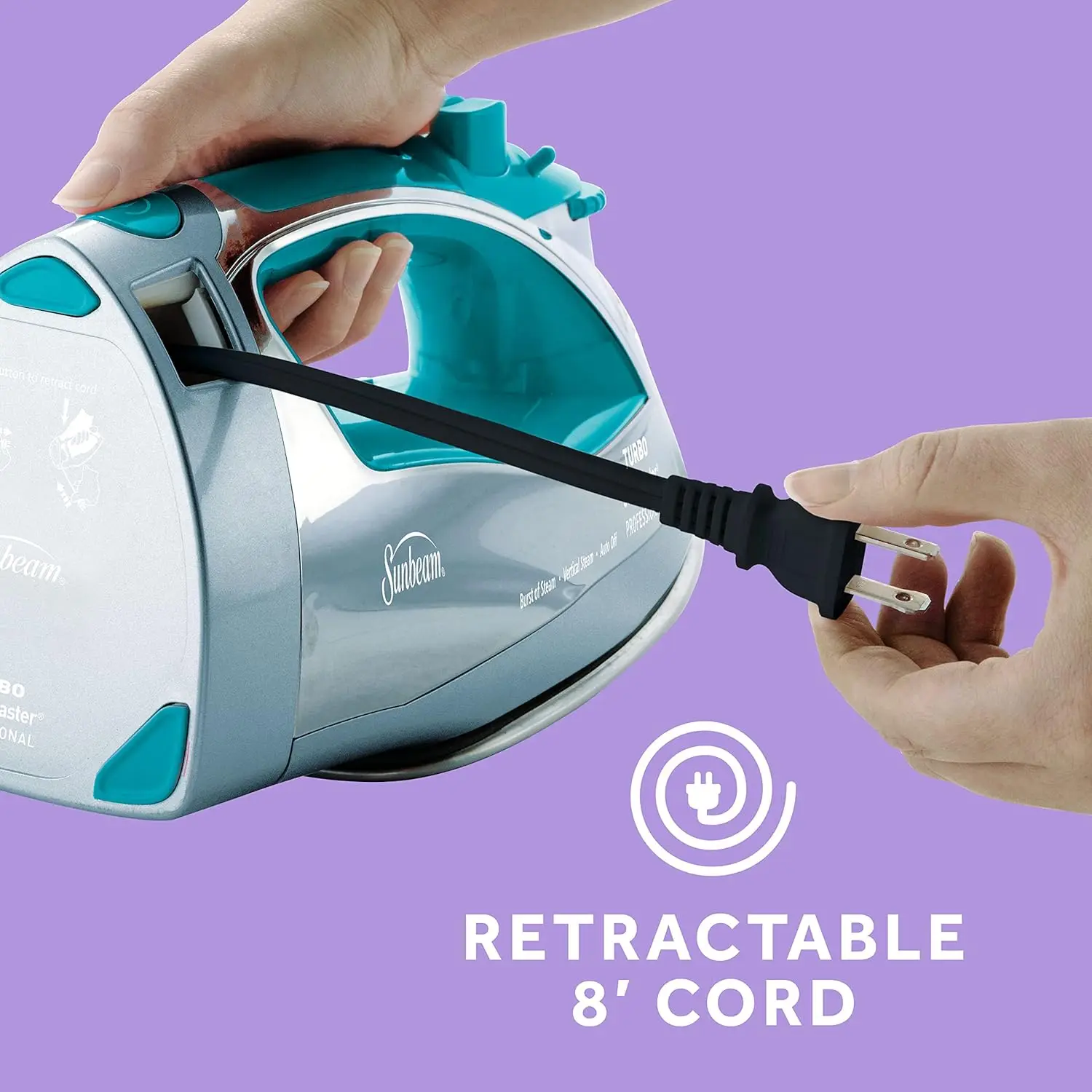 1400W Iron with 8' Retractable Cord, Large Anti-Drip Nonstick Stainless Steel Soleplate, Horizontal or Vertical Shot of Steam 6