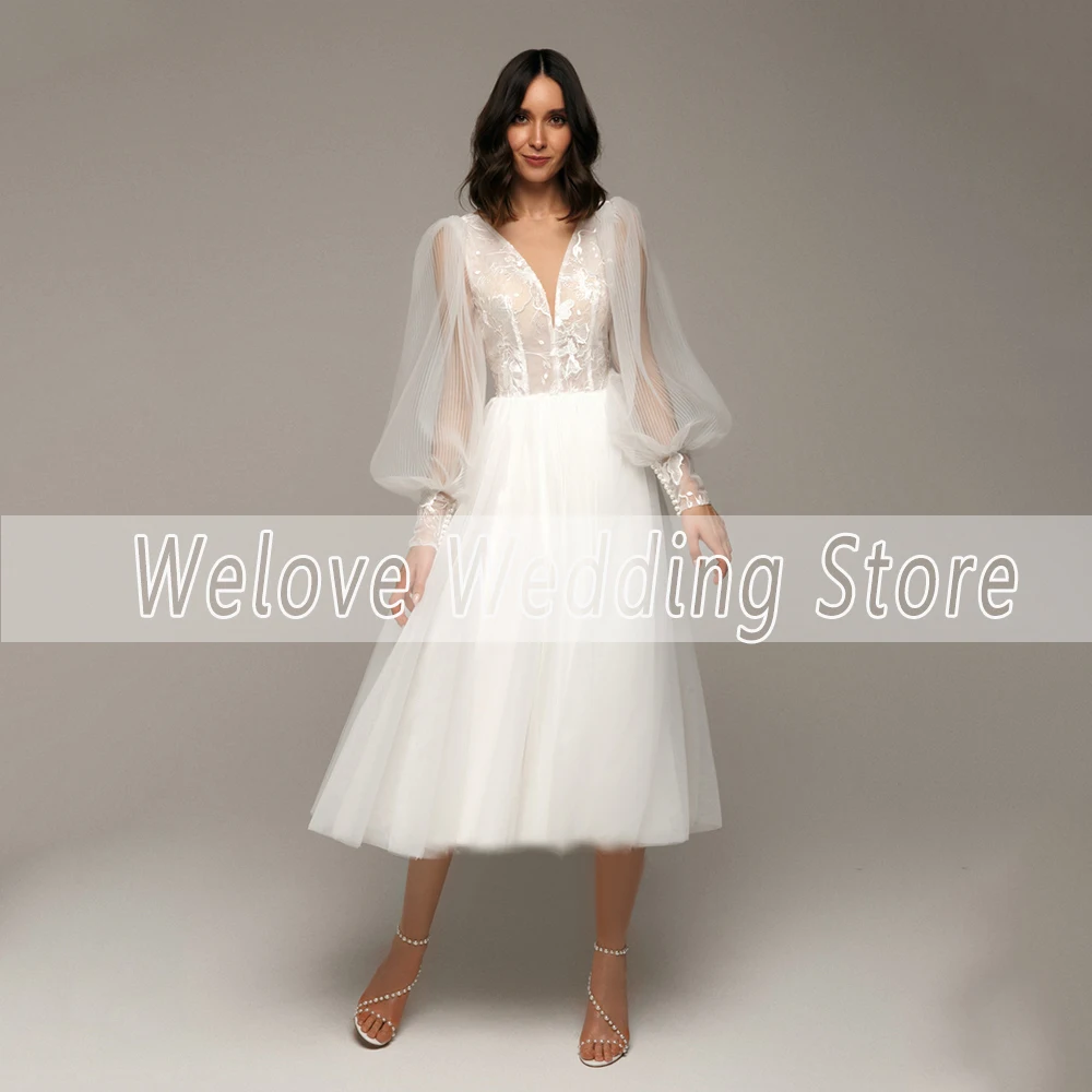 Vintage Tea Length Engagement Wedding Dress For Bride Illusion Puff Sleeve  Applique V Neck Tulle Bridal Gown Zip Robe De Mariee - AliExpress