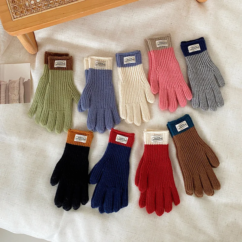 

Kids Five Finger Gloves Trend Color-Blocking Letter Cloth Label Autumn Winter Warm Baby Knitted Gloves