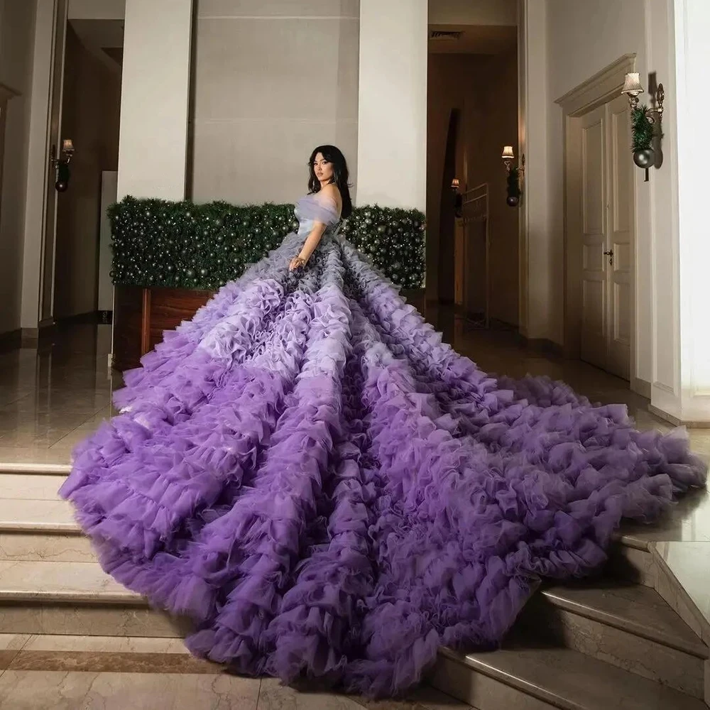 

Chic Purple Color Matching Evening Dresses Off Shoulder Tulle A-line Multilayered Ruffles Prom Formal Party Gown