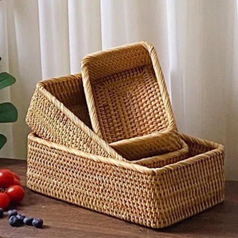 

Hand-woven Rattan Wicker Basket Fruit Tea Snack Bread Basket Cosmetic Rectangular Storage Box Household Kitchen Supplies