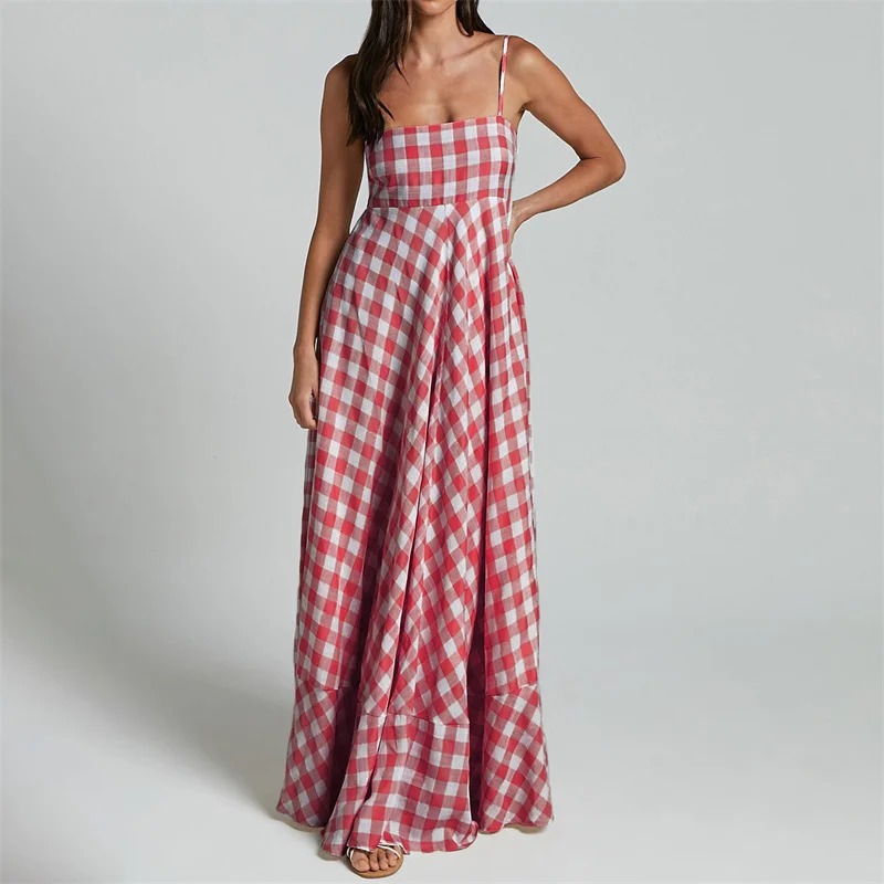 Summer Long Dresses Women Plaid Print Spaghetti Strap Sleeveless A Line Dresss Vacation Party Dresses Beachwear
